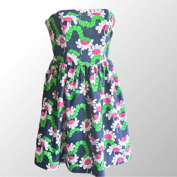 LILLY PULITZER Blue Pink Floral Yum Yum Caterpillar Lottie Strapless Dress Sz 00 - Picture 2 of 10